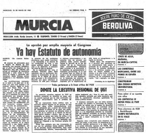 Noticia de La Verdad donde se anuncia que la Región ya tiene estatuto. AÑO 1982 